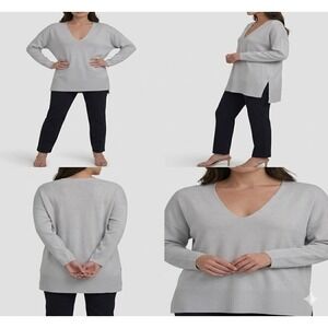 Express Pullover Sweater Womens M Gray Drop Shoulder V-Neck Cozy Tunic Oversized